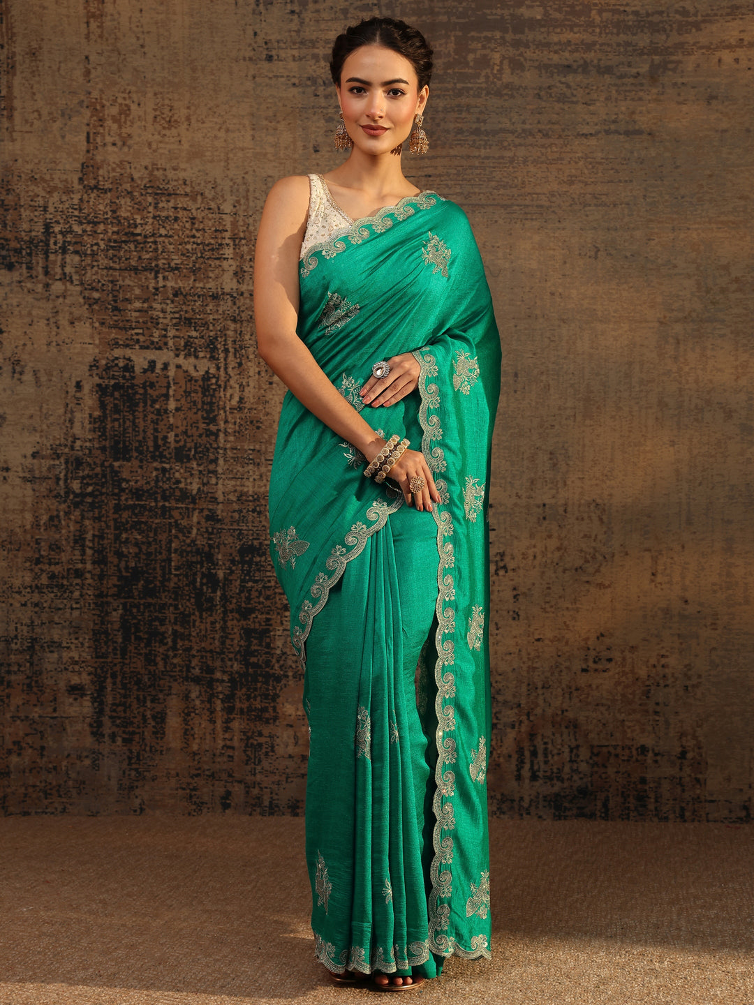  Green Floral Embroidered Silk Blend Saree With Unstitched Blouse Piece 