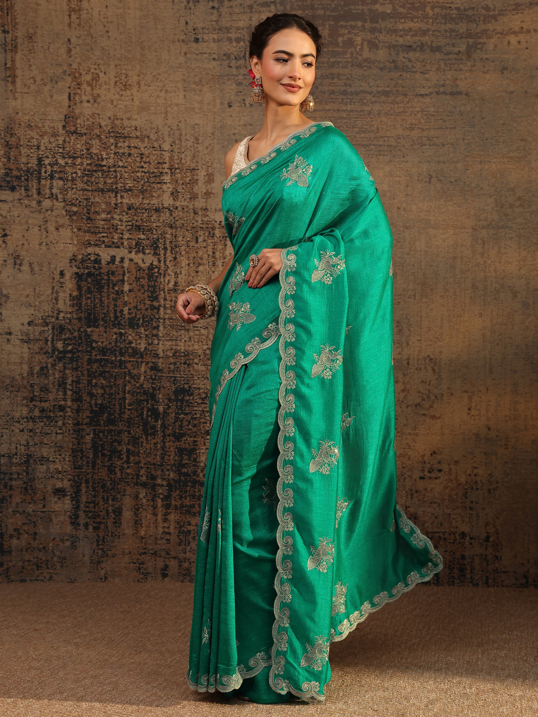  Green Floral Embroidered Silk Blend Saree With Unstitched Blouse Piece 