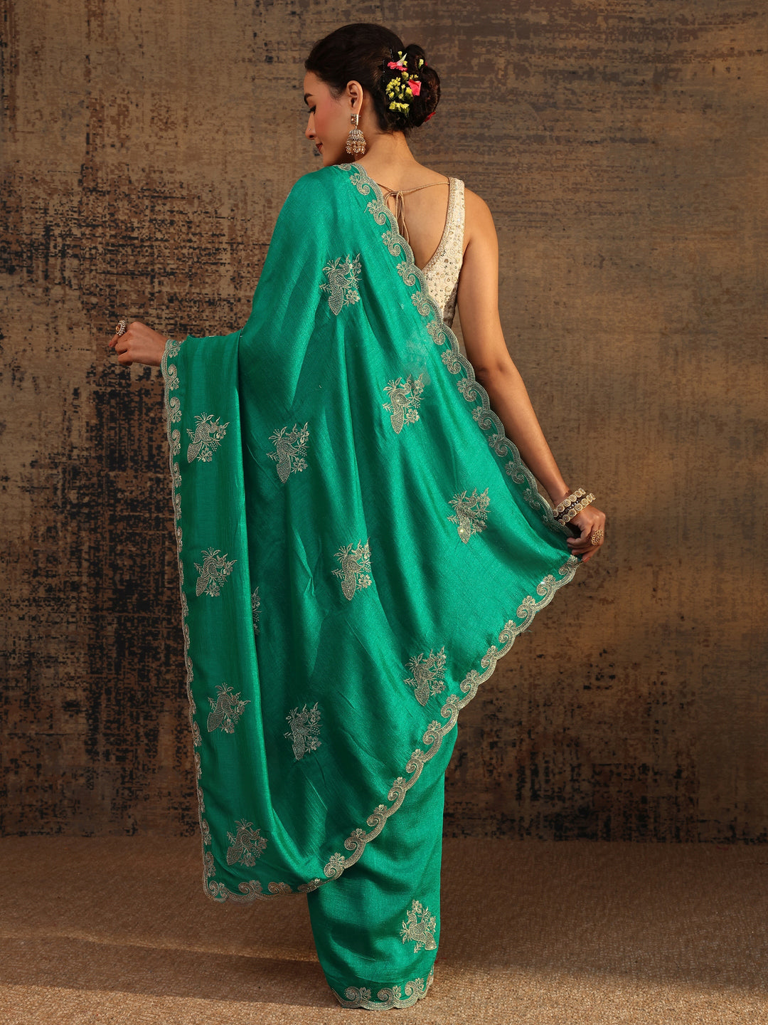  Green Floral Embroidered Silk Blend Saree With Unstitched Blouse Piece 