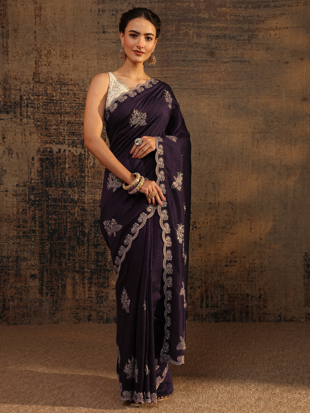  Purple Floral Embroidered Silk Blend Saree With Unstitched Blouse Piece 
