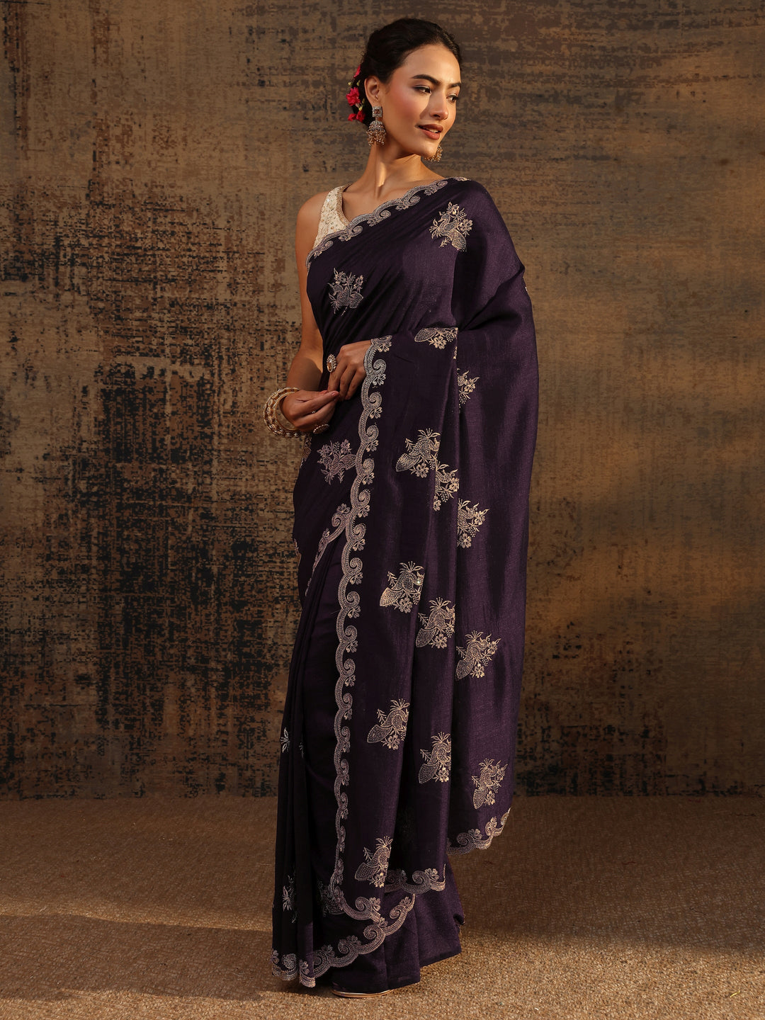 Purple Floral Embroidered Silk Blend Saree With Unstitched Blouse Piece 