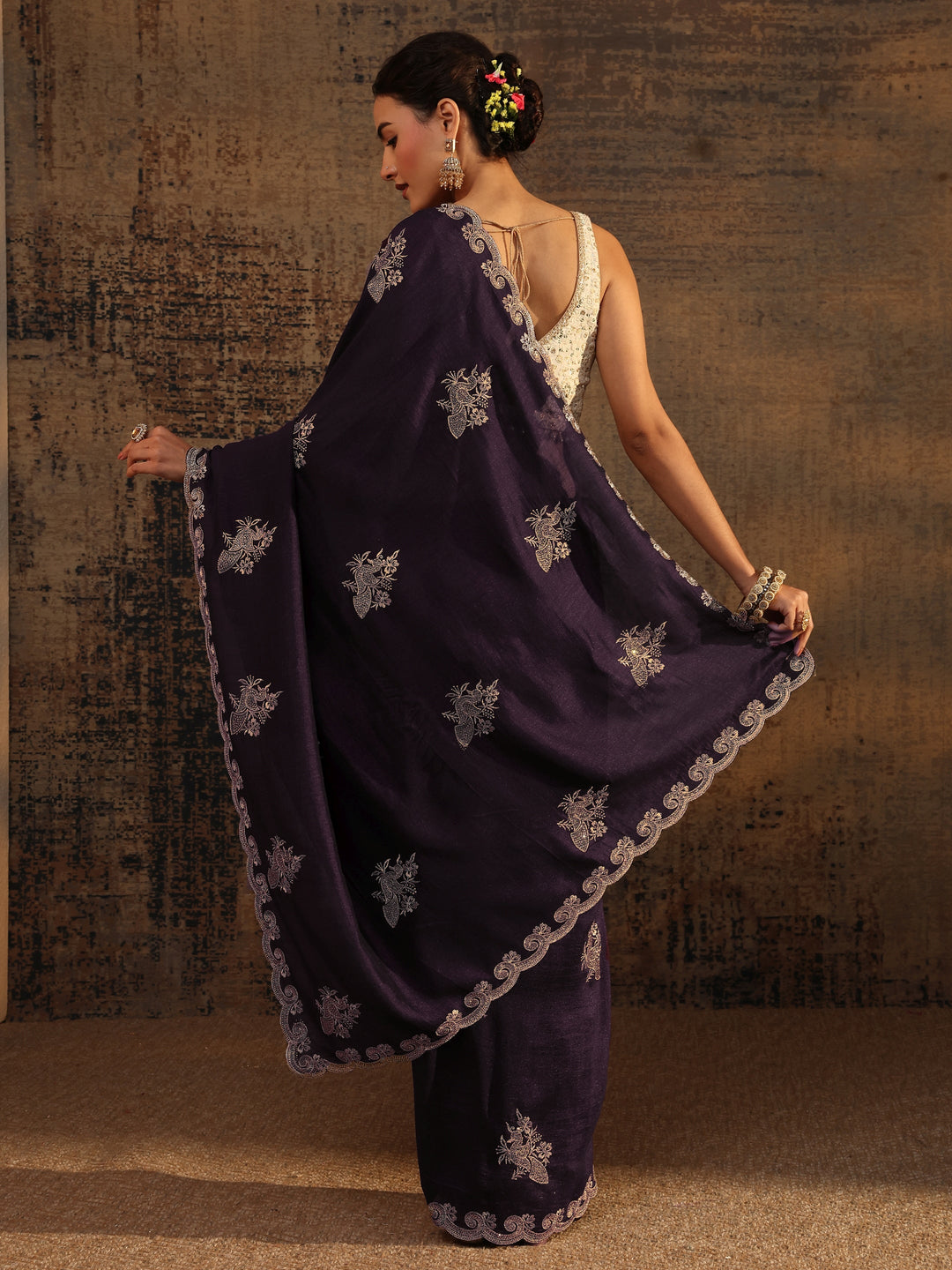  Purple Floral Embroidered Silk Blend Saree With Unstitched Blouse Piece 
