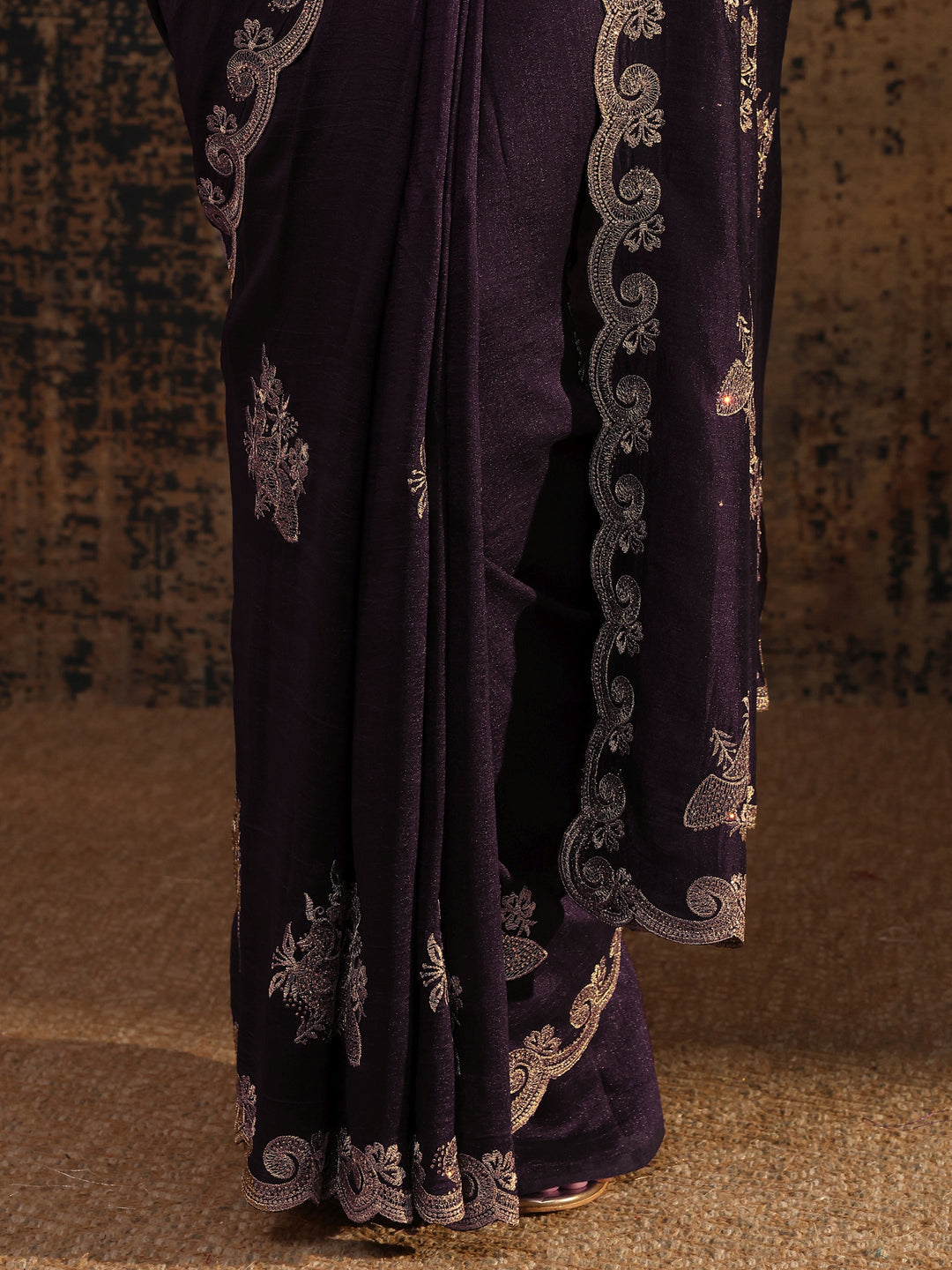  Purple Floral Embroidered Silk Blend Saree With Unstitched Blouse Piece 