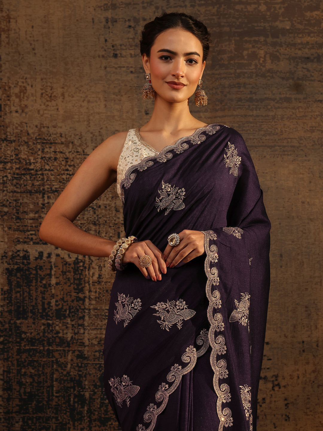  Purple Floral Embroidered Silk Blend Saree With Unstitched Blouse Piece 