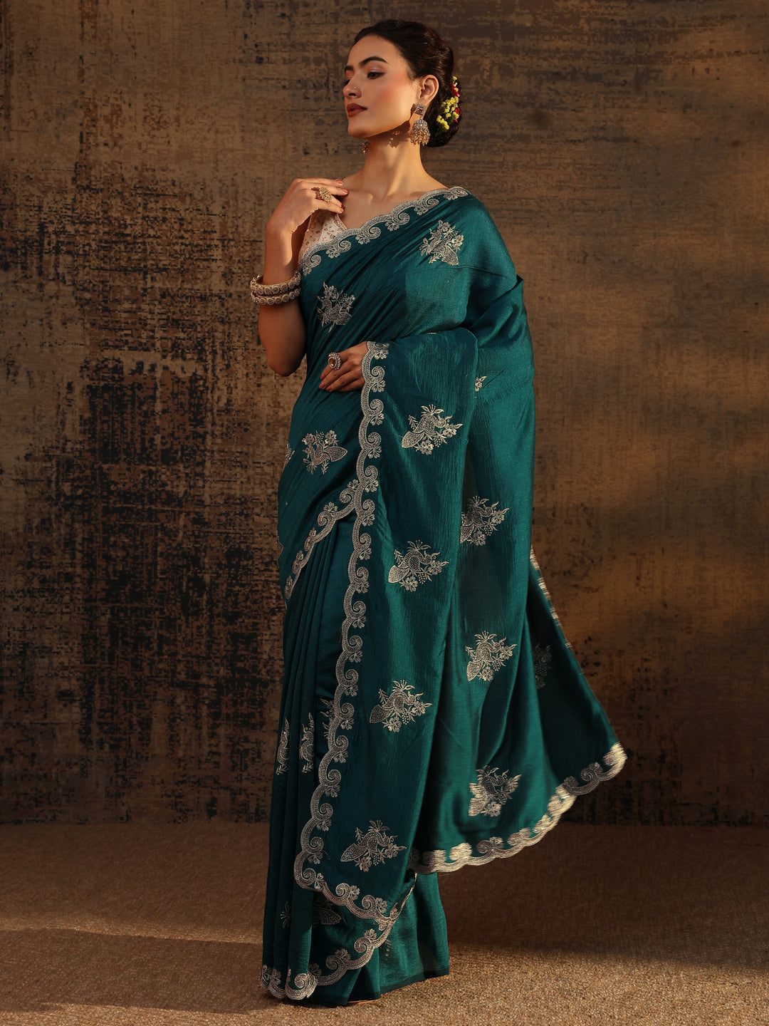  Teal Floral Embroidered Silk Blend Saree With Unstitched Blouse Piece 