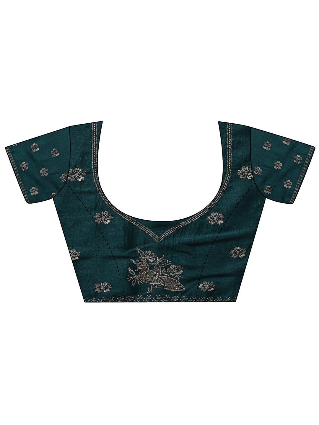  Teal Floral Embroidered Silk Blend Saree With Unstitched Blouse Piece 