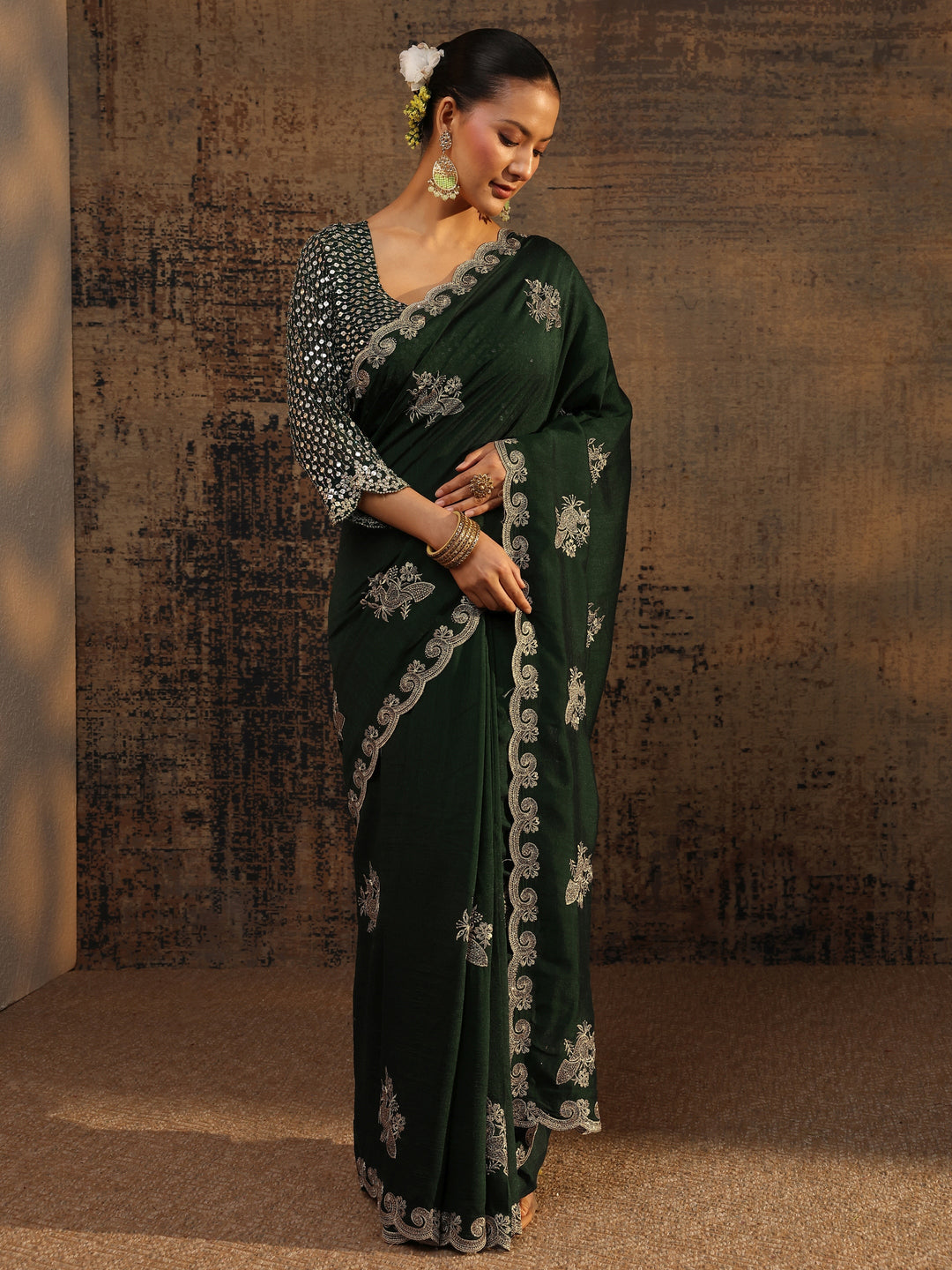  Green Floral Embroidered Silk Blend Saree With Unstitched Blouse Piece 