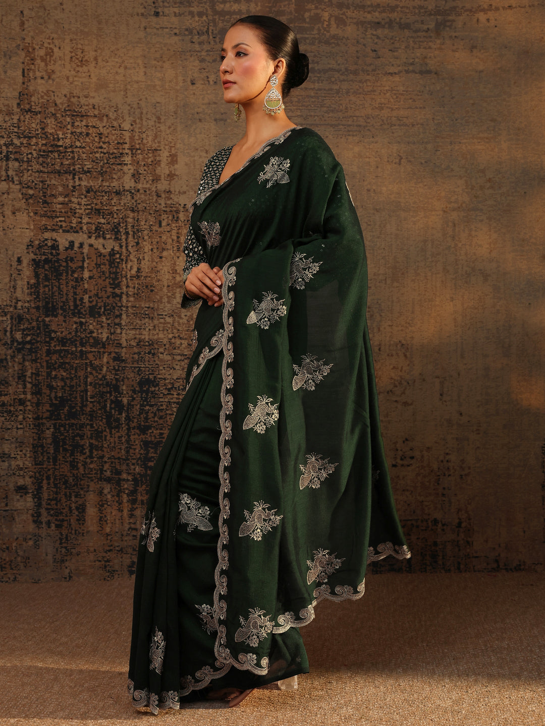  Green Floral Embroidered Silk Blend Saree With Unstitched Blouse Piece 