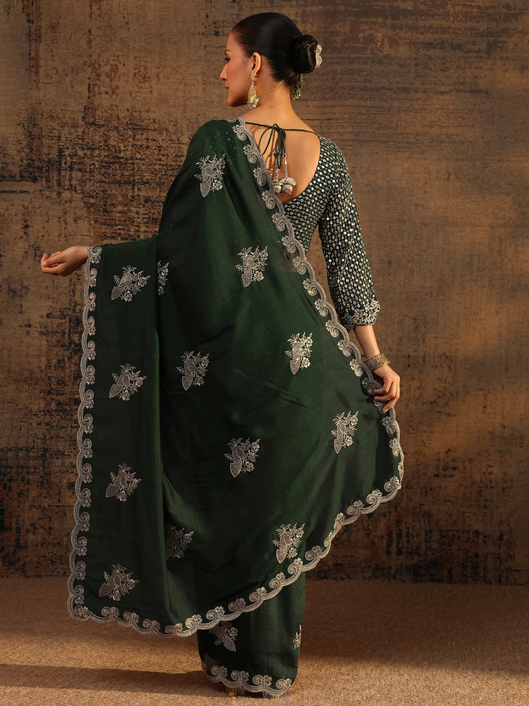  Green Floral Embroidered Silk Blend Saree With Unstitched Blouse Piece 