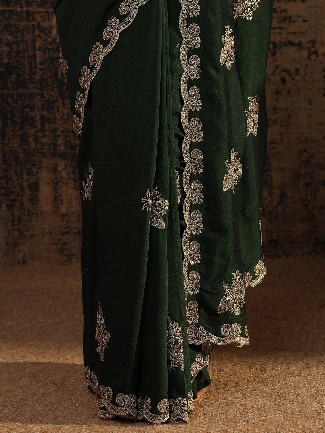  Green Floral Embroidered Silk Blend Saree With Unstitched Blouse Piece 