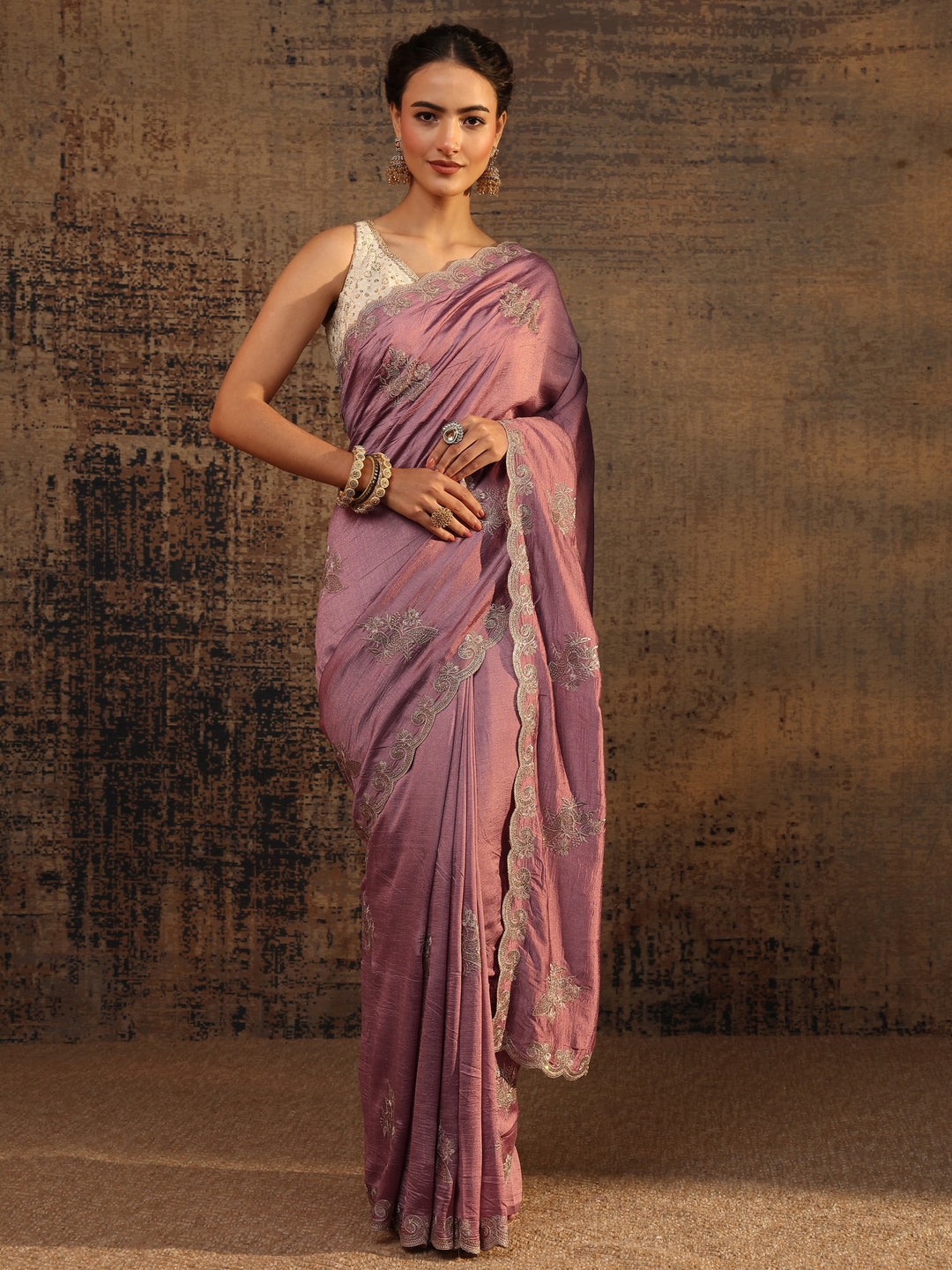  Mauve Floral Embroidered Silk Blend Saree With Unstitched Blouse Piece 