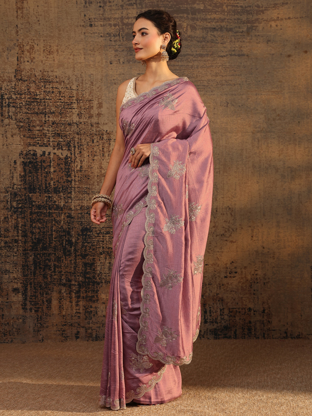  Mauve Floral Embroidered Silk Blend Saree With Unstitched Blouse Piece 