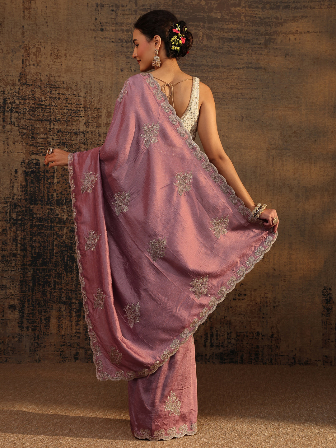  Mauve Floral Embroidered Silk Blend Saree With Unstitched Blouse Piece 