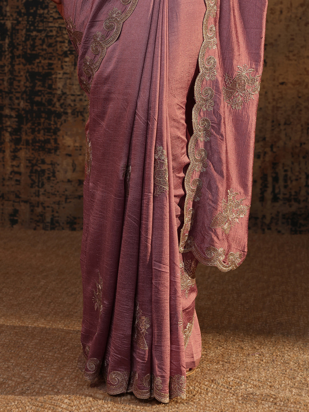  Mauve Floral Embroidered Silk Blend Saree With Unstitched Blouse Piece 