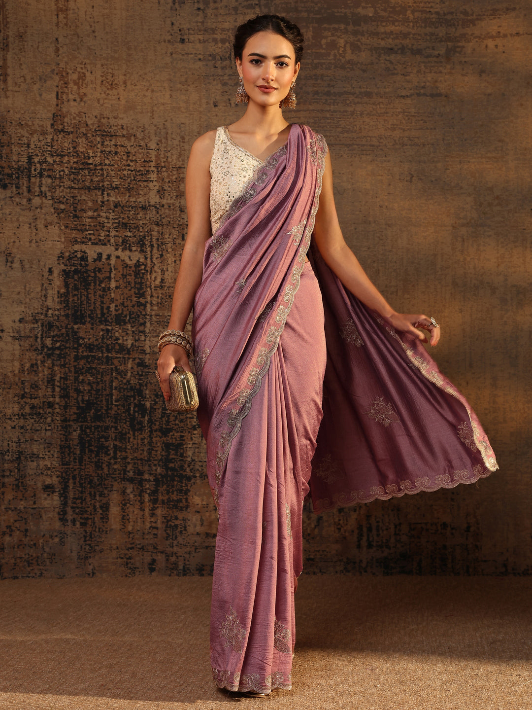  Mauve Floral Embroidered Silk Blend Saree With Unstitched Blouse Piece 