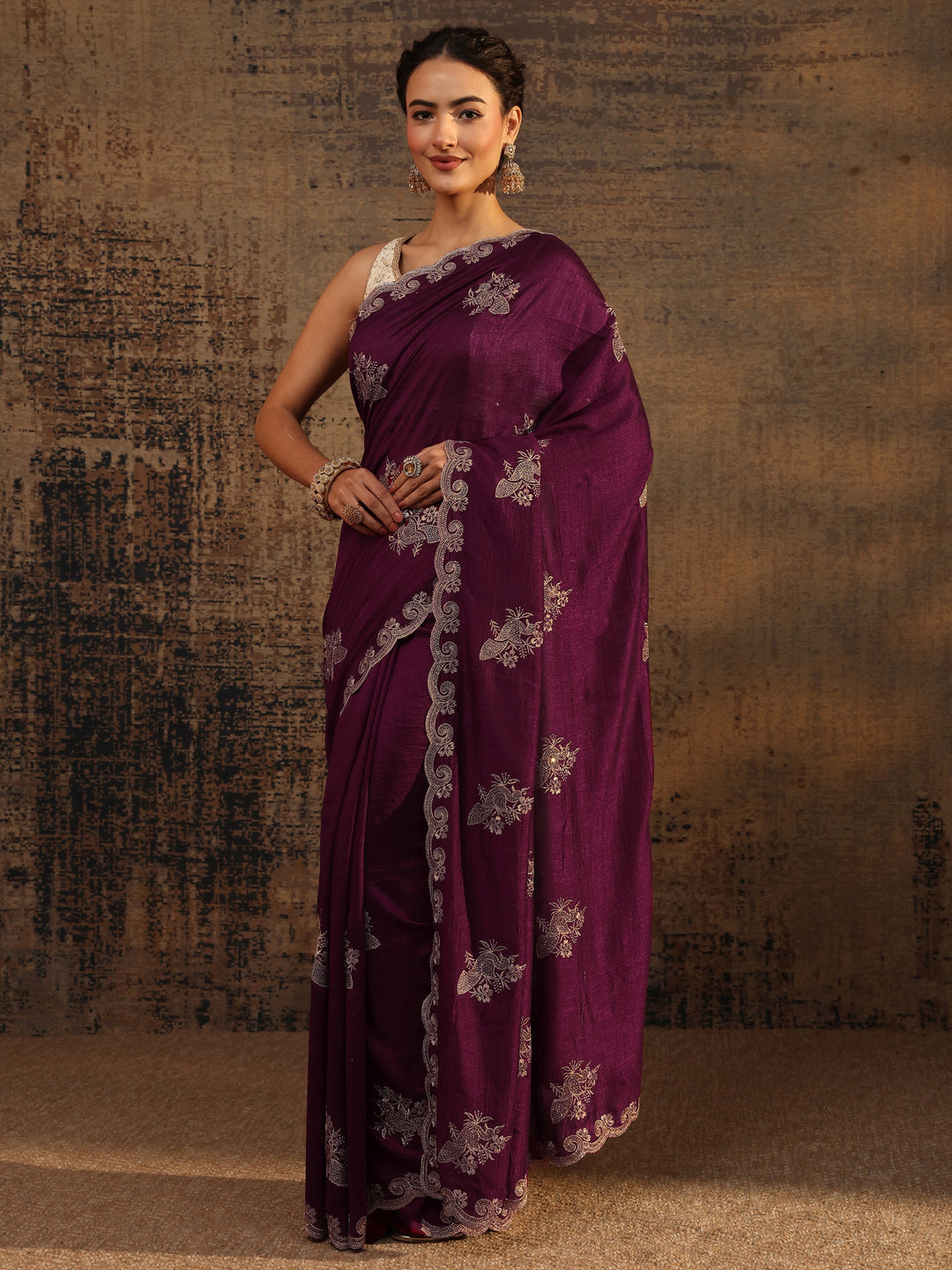  Maroon Floral Embroidered Silk Blend Saree With Unstitched Blouse Piece 