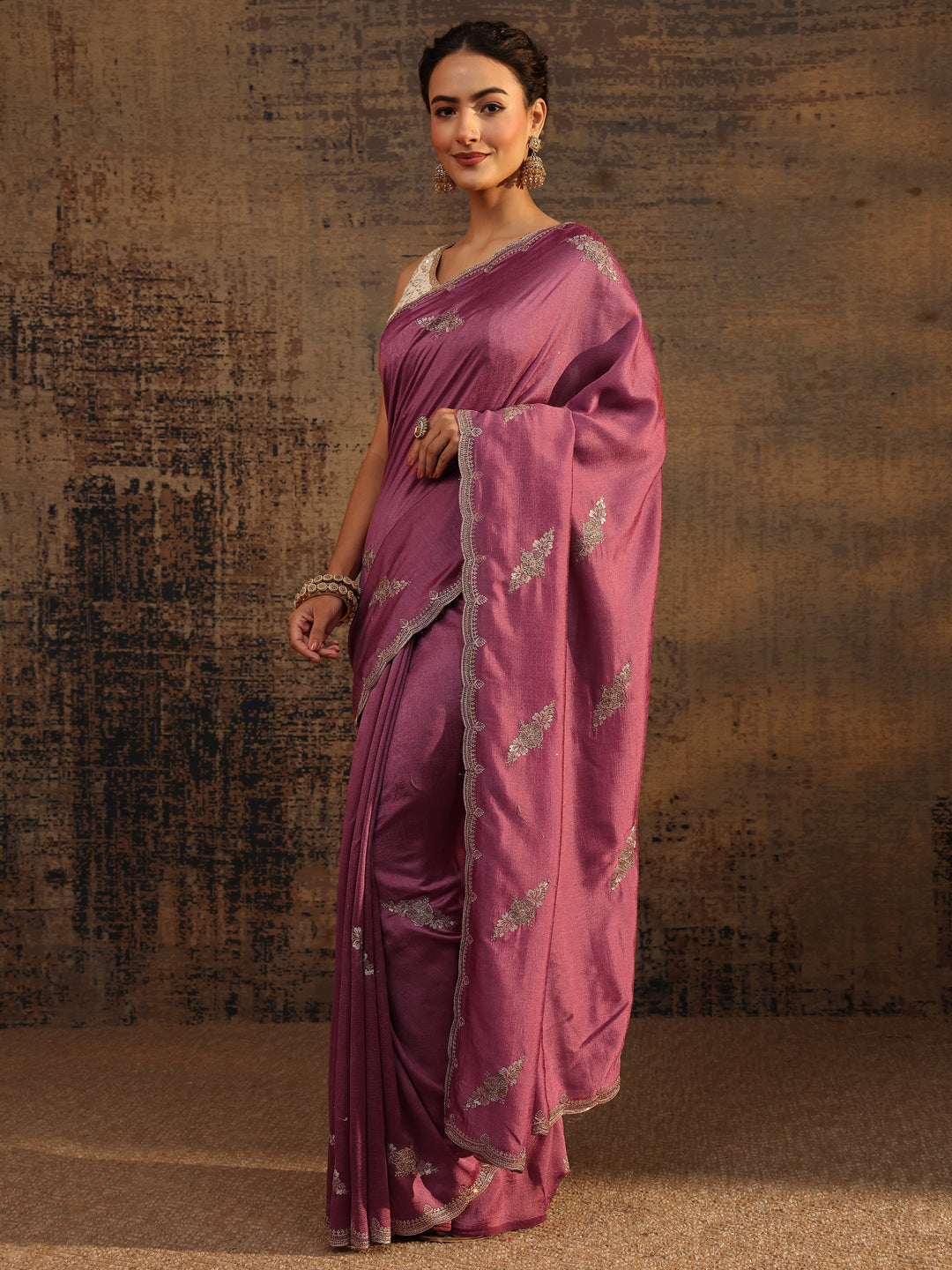  Mauve Floral Embroidered Silk Blend Saree With Unstitched Blouse Piece 