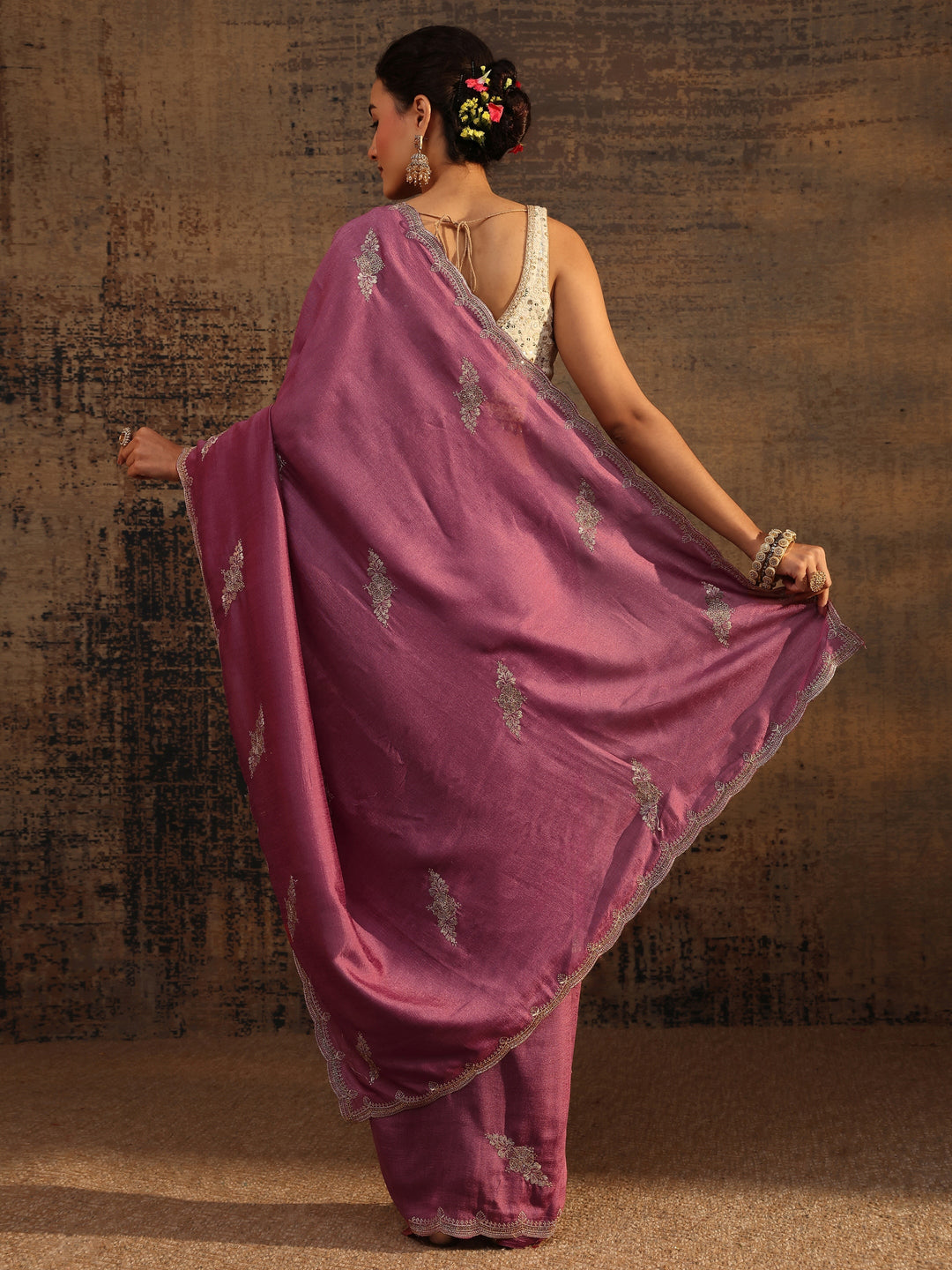  Mauve Floral Embroidered Silk Blend Saree With Unstitched Blouse Piece 