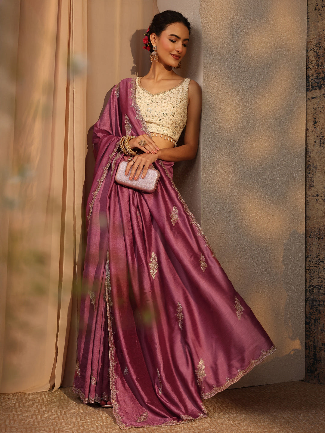  Mauve Floral Embroidered Silk Blend Saree With Unstitched Blouse Piece 