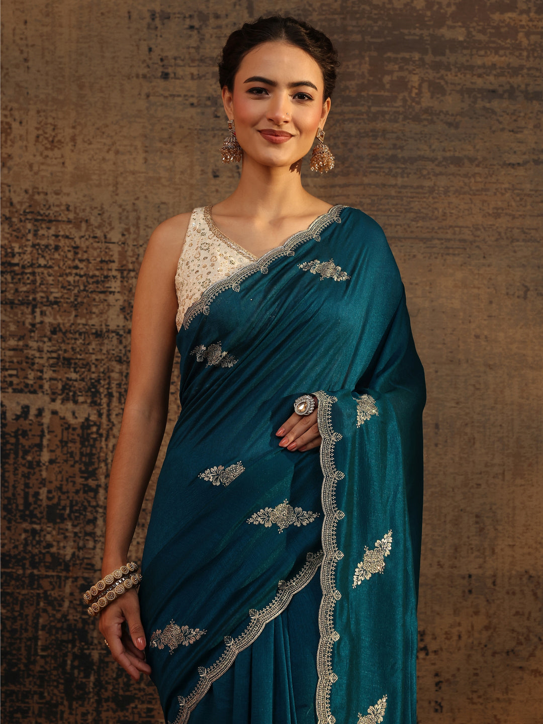  Blue Floral Embroidered Silk Blend Saree With Unstitched Blouse Piece 