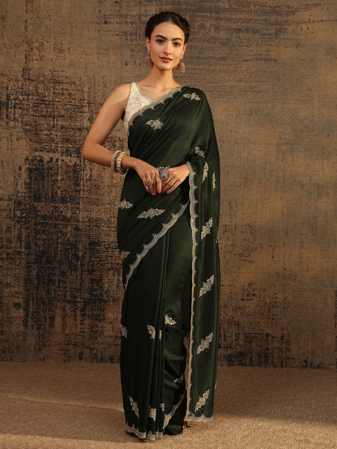  Green Floral Embroidered Silk Blend Saree With Unstitched Blouse Piece 