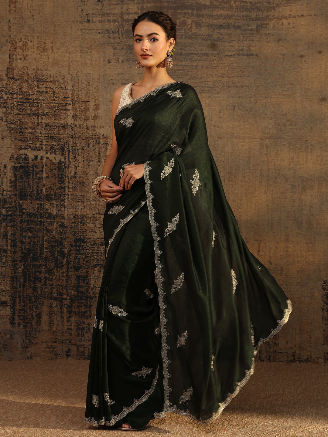  Green Floral Embroidered Silk Blend Saree With Unstitched Blouse Piece 