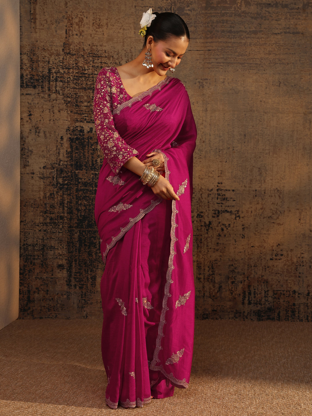  Pink Floral Embroidered Silk Blend Saree With Unstitched Blouse Piece 