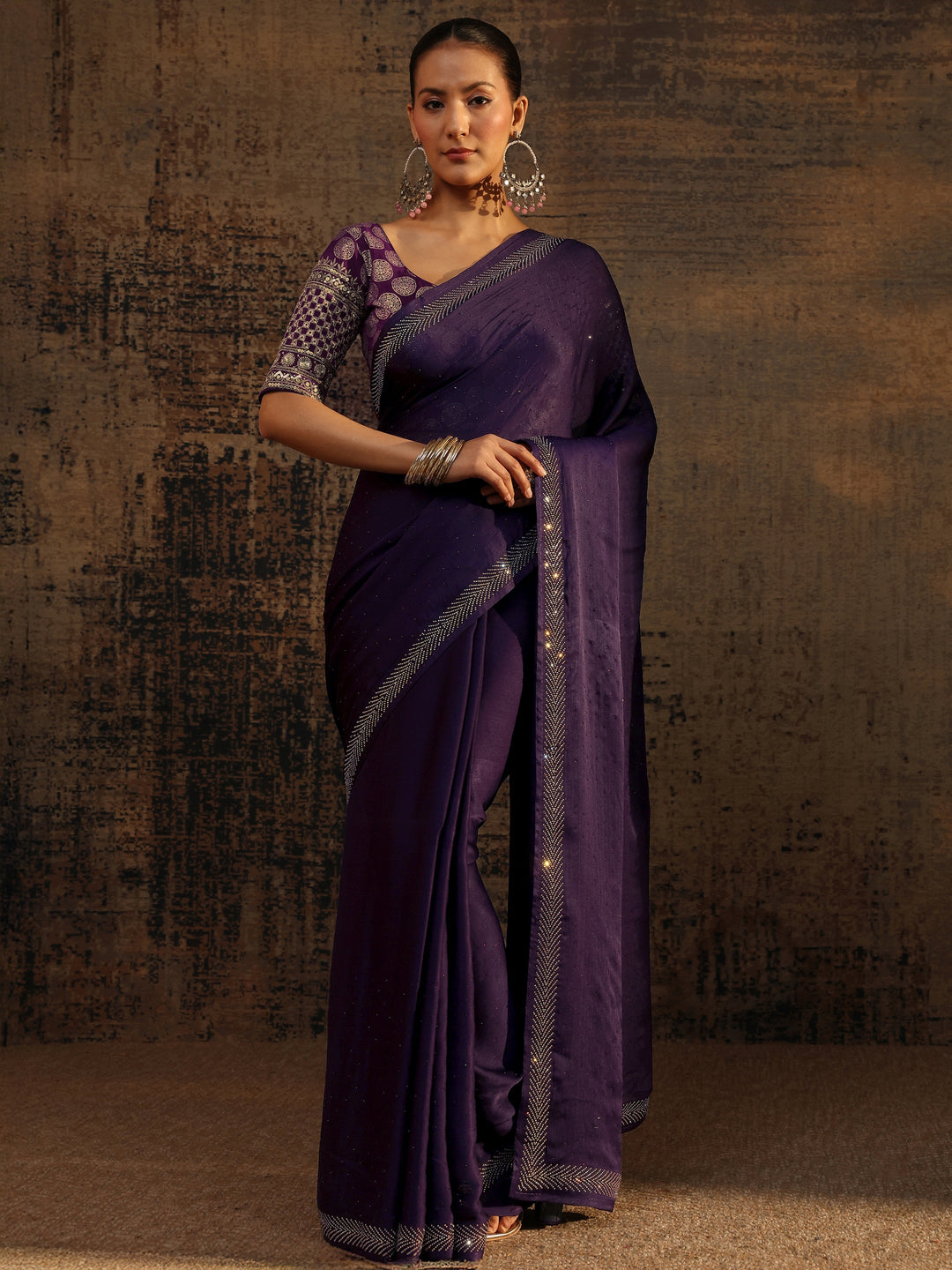  Purple Embellished Silk Blend Saree With Unstitched Blouse Piece 