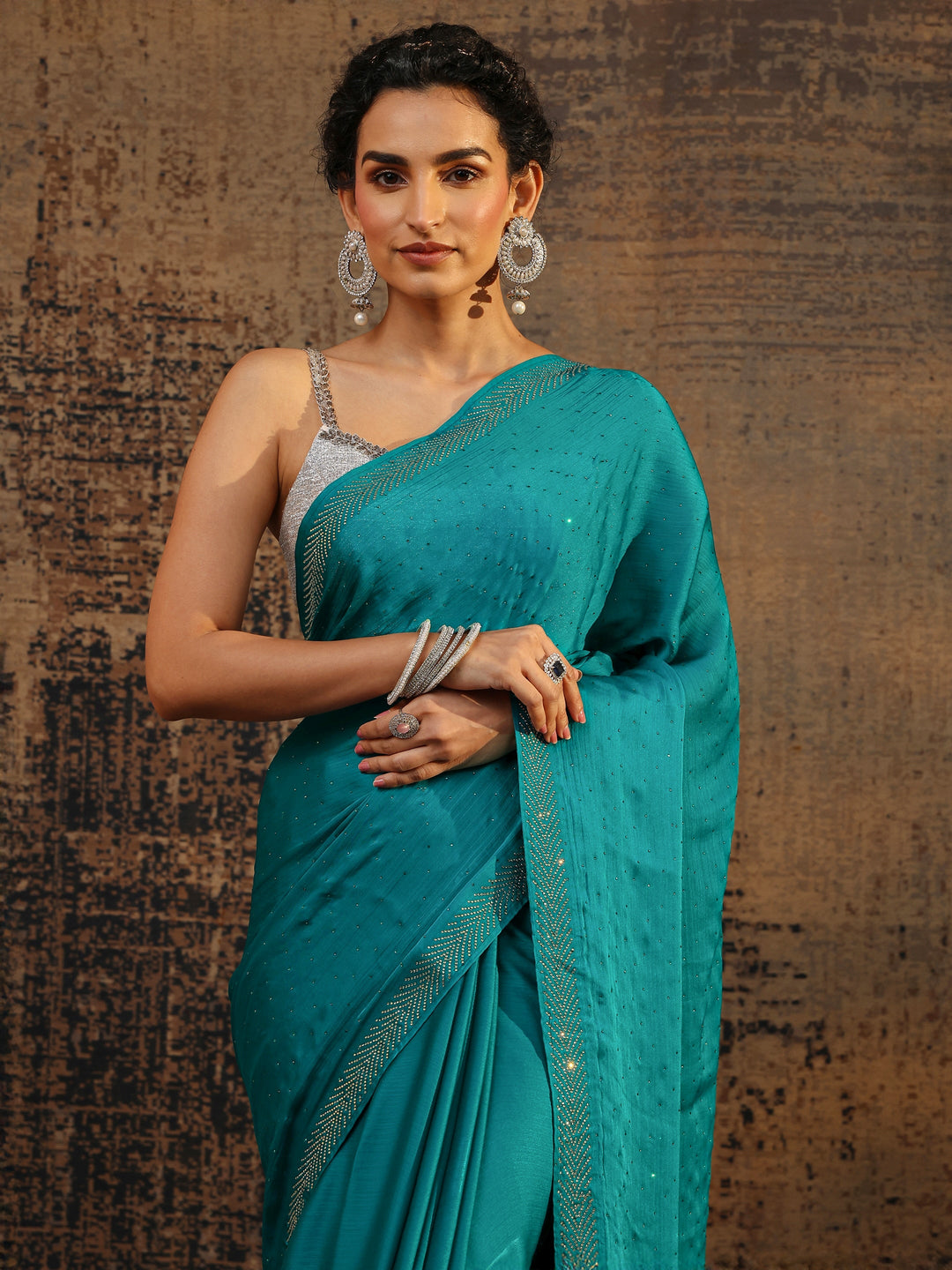  Blue Embellished Silk Blend Saree With Unstitched Blouse Piece 