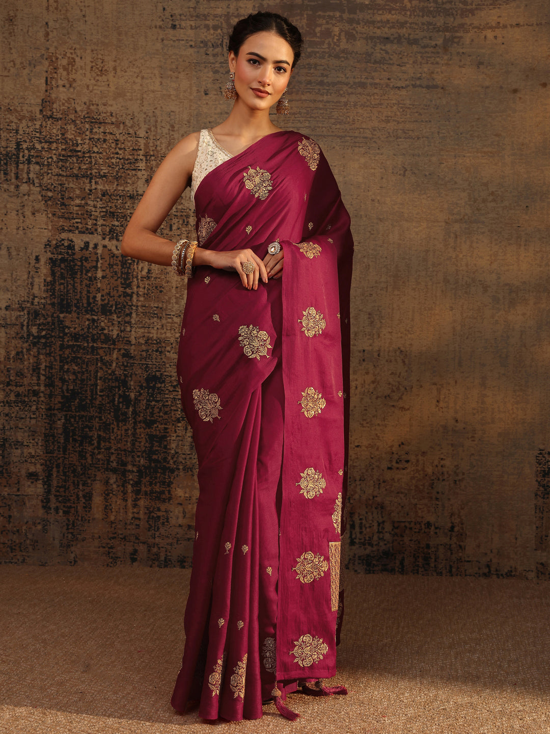  Red Floral Embroidered Silk Blend Saree With Unstitched Blouse Piece 