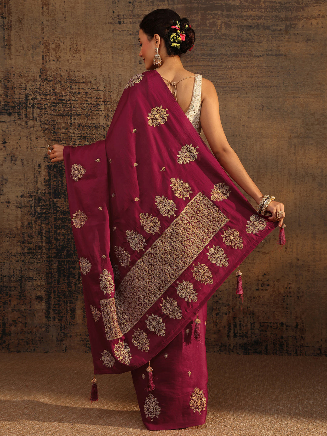  Red Floral Embroidered Silk Blend Saree With Unstitched Blouse Piece 