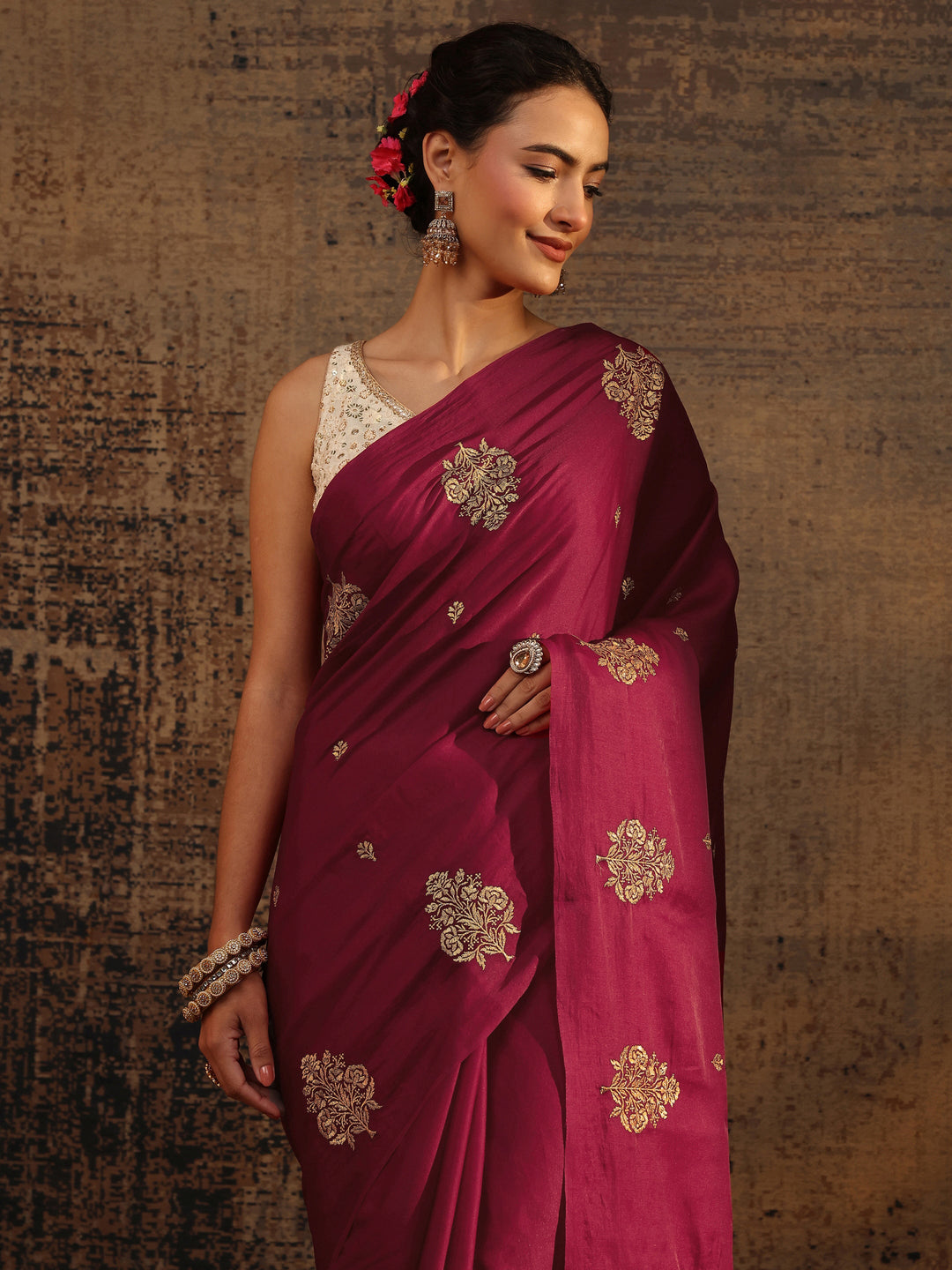  Red Floral Embroidered Silk Blend Saree With Unstitched Blouse Piece 