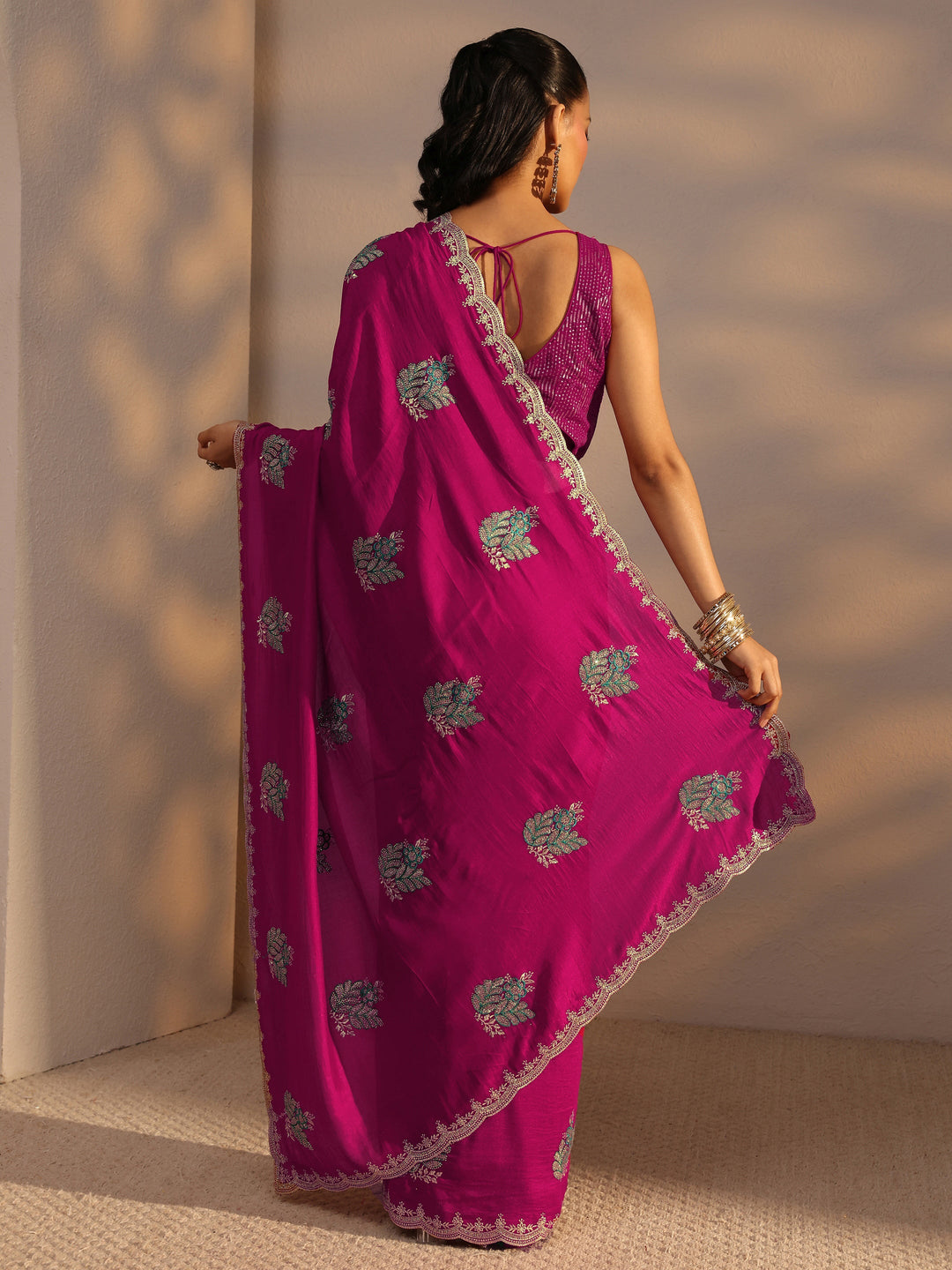  Libas Pink Floral Embroidered Silk Blend Saree With Unstitched Blouse Piece 