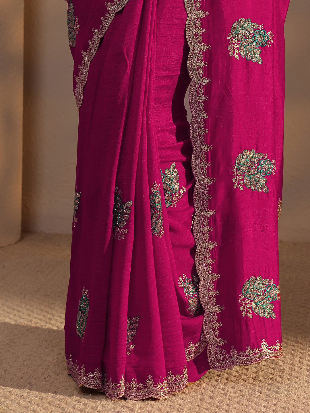  Pink Floral Embroidered Silk Blend Saree With Unstitched Blouse Piece 