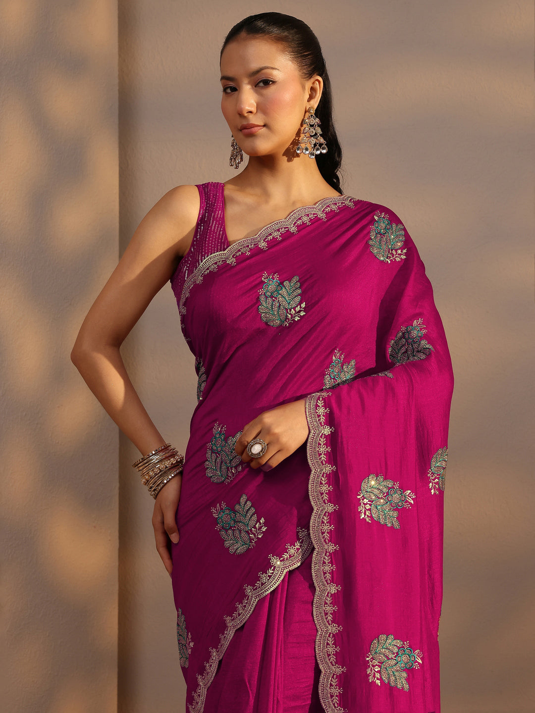 Libas Pink Floral Embroidered Silk Blend Saree With Unstitched Blouse Piece 