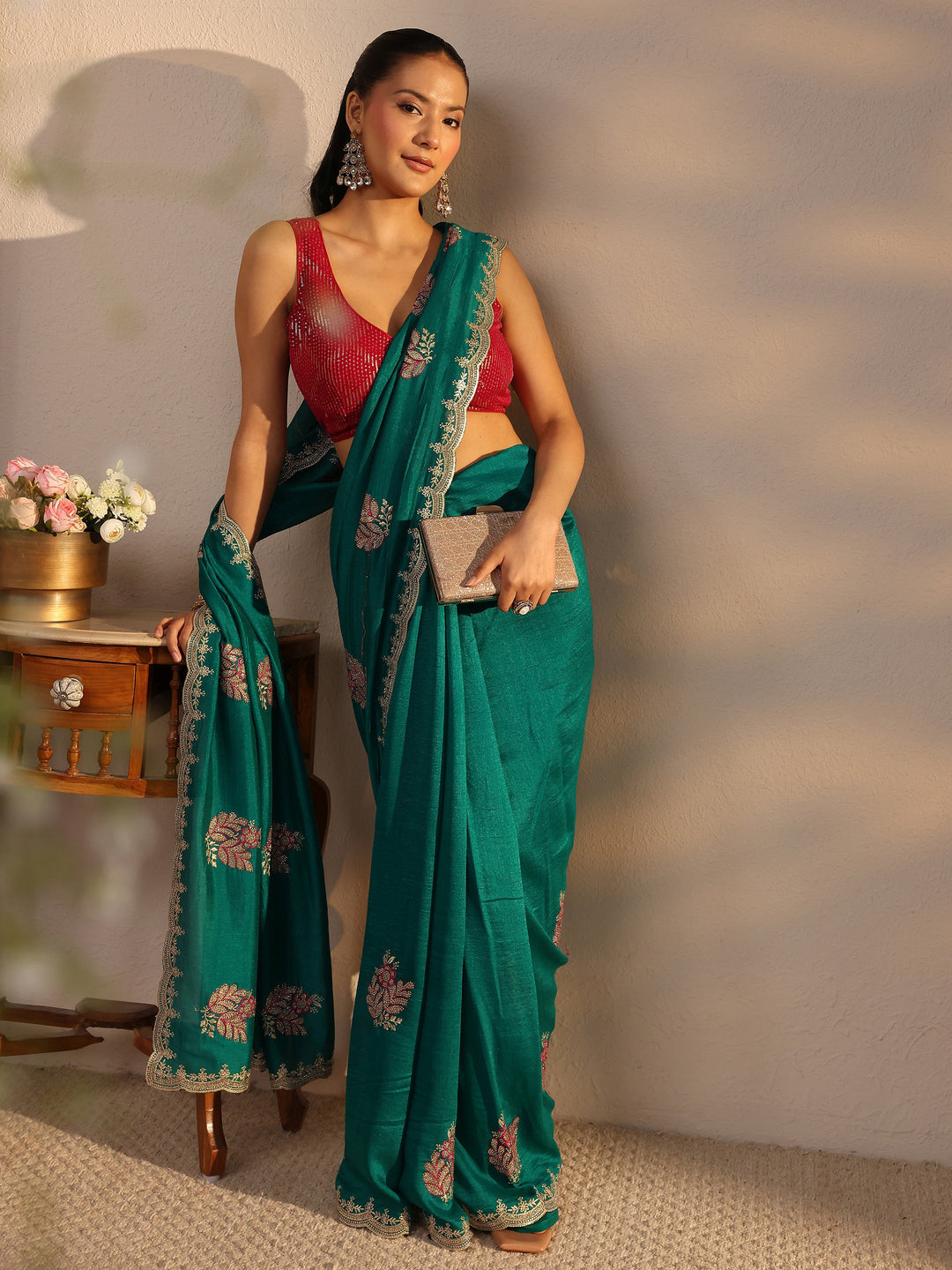  Blue Floral Embroidered Silk Blend Saree With Unstitched Blouse Piece 
