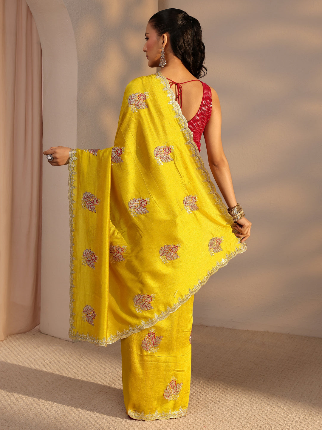  Mustard Floral Embroidered Silk Blend Saree With Unstitched Blouse Piece 