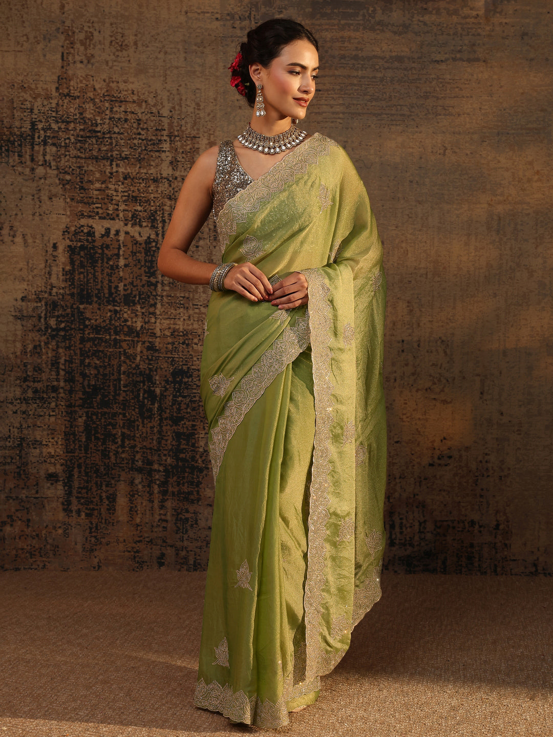  Green Ethnic Motifs Embellished Tissue Saree With Unstitched Blouse Piece 