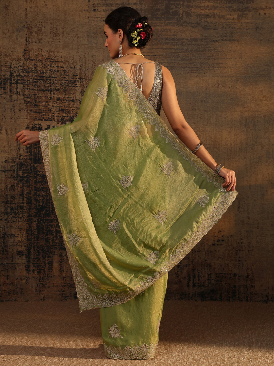  Green Ethnic Motifs Embellished Tissue Saree With Unstitched Blouse Piece 
