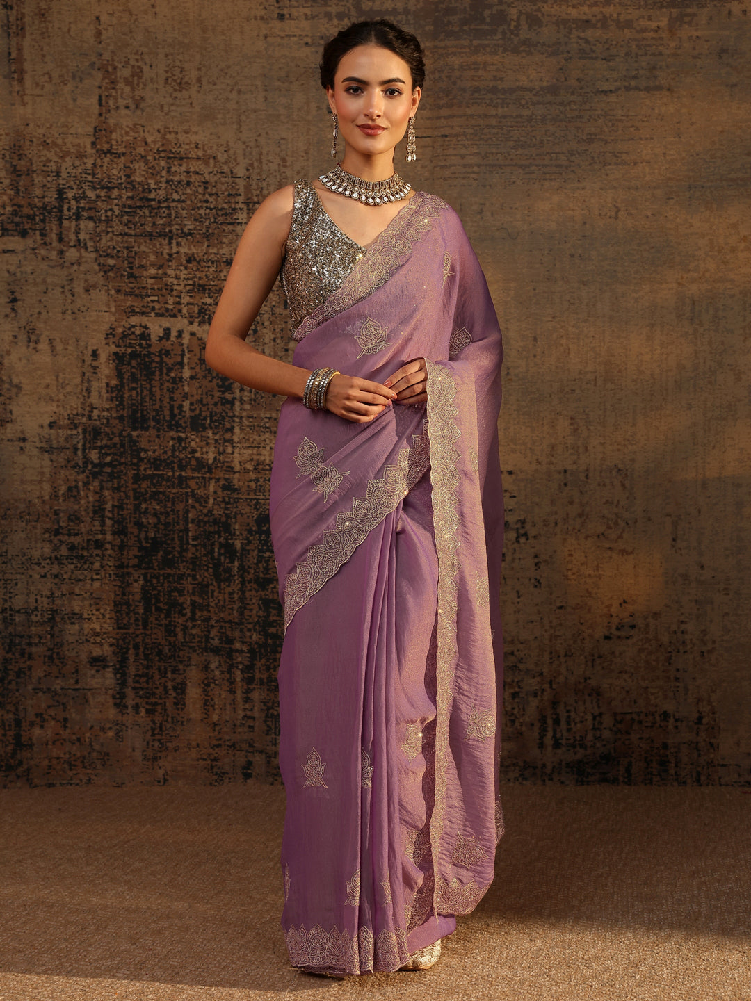  Purple Ethnic Motifs Embellished Tissue Saree With Unstitched Blouse Piece 
