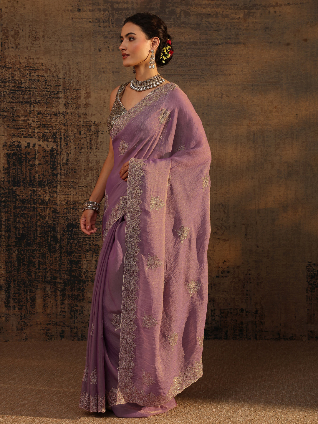  Purple Ethnic Motifs Embellished Tissue Saree With Unstitched Blouse Piece 