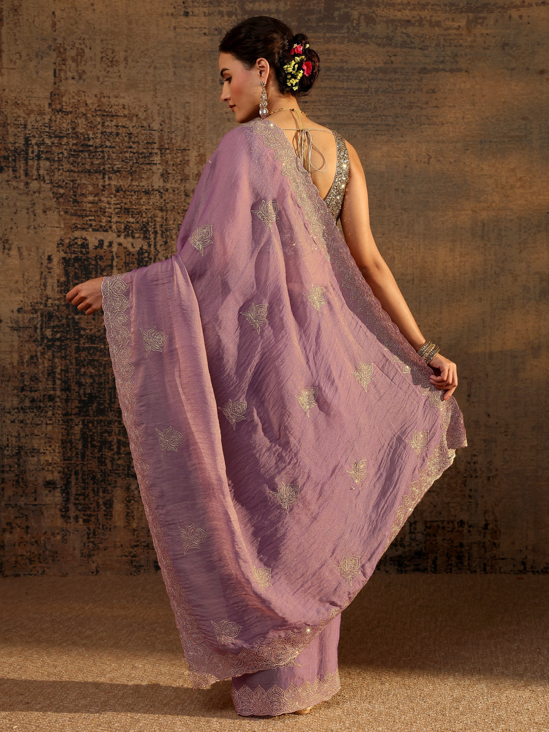  Purple Ethnic Motifs Embellished Tissue Saree With Unstitched Blouse Piece 