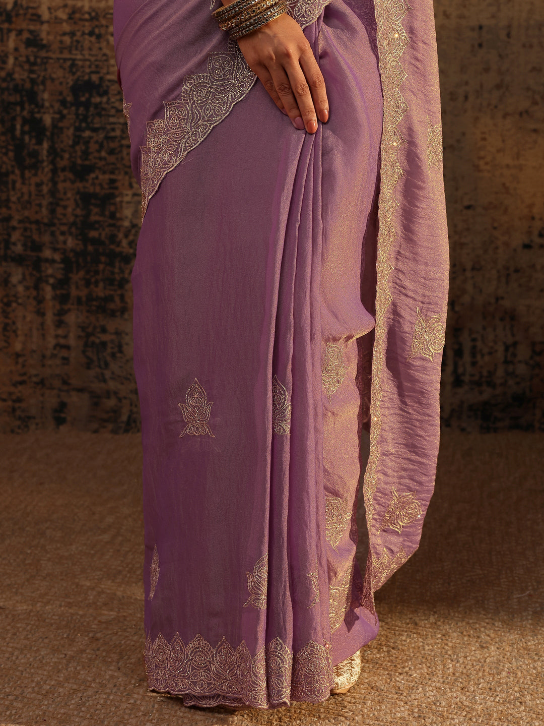  Purple Ethnic Motifs Embellished Tissue Saree With Unstitched Blouse Piece 