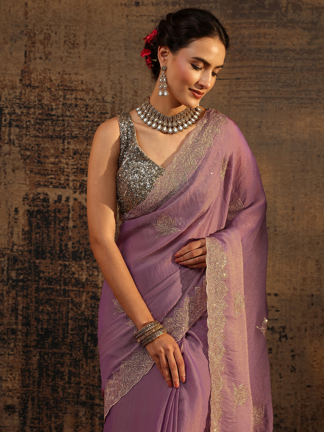  Purple Ethnic Motifs Embellished Tissue Saree With Unstitched Blouse Piece 