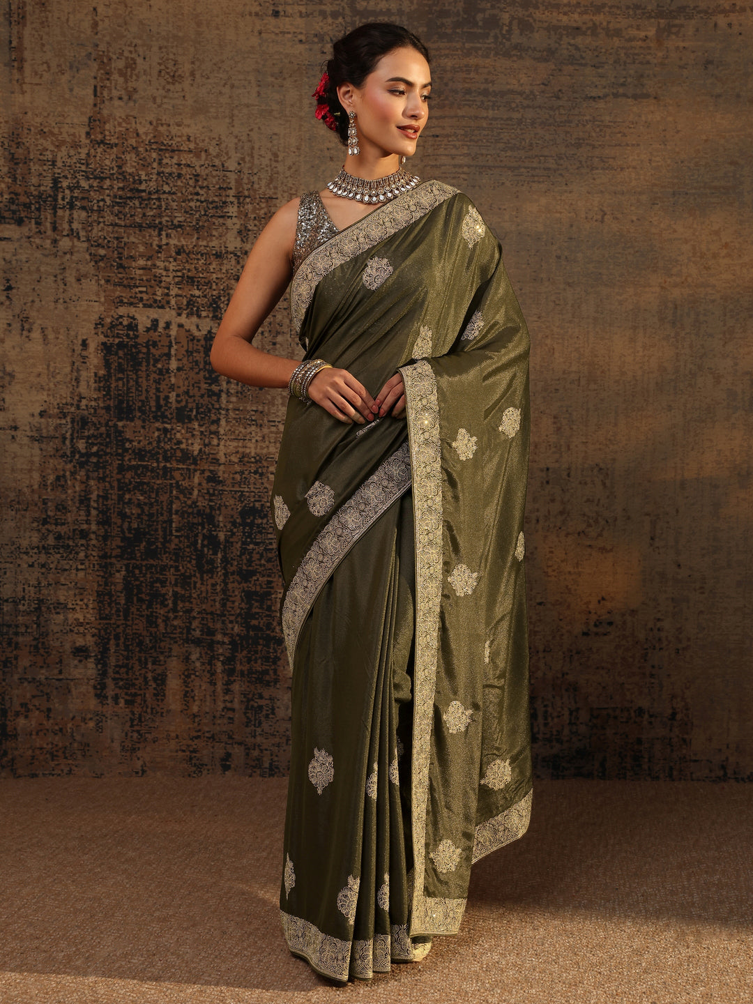  Green Ethnic Motifs Embellished Satin Saree With Unstitched Blouse Piece 