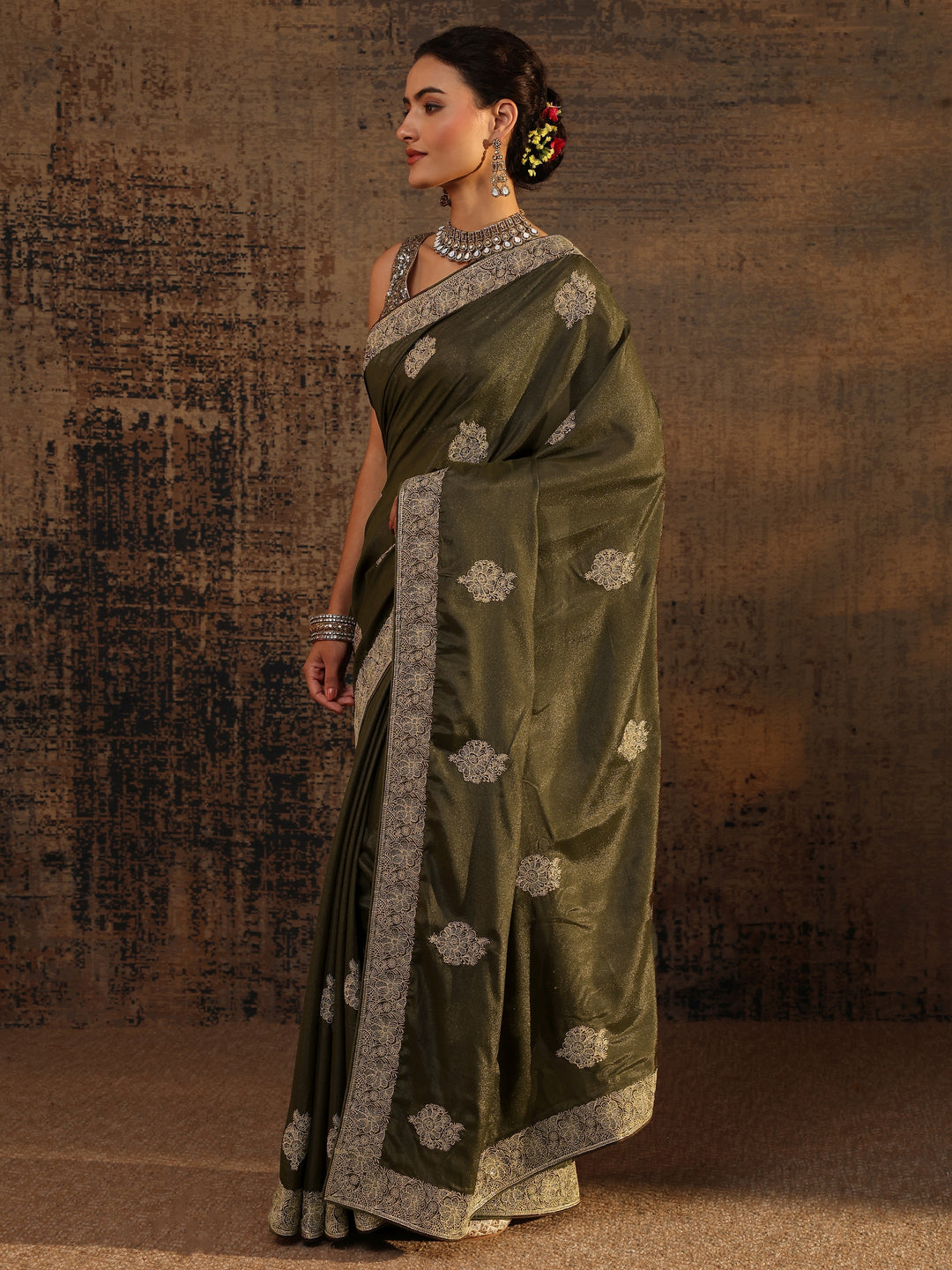  Green Ethnic Motifs Embellished Satin Saree With Unstitched Blouse Piece 