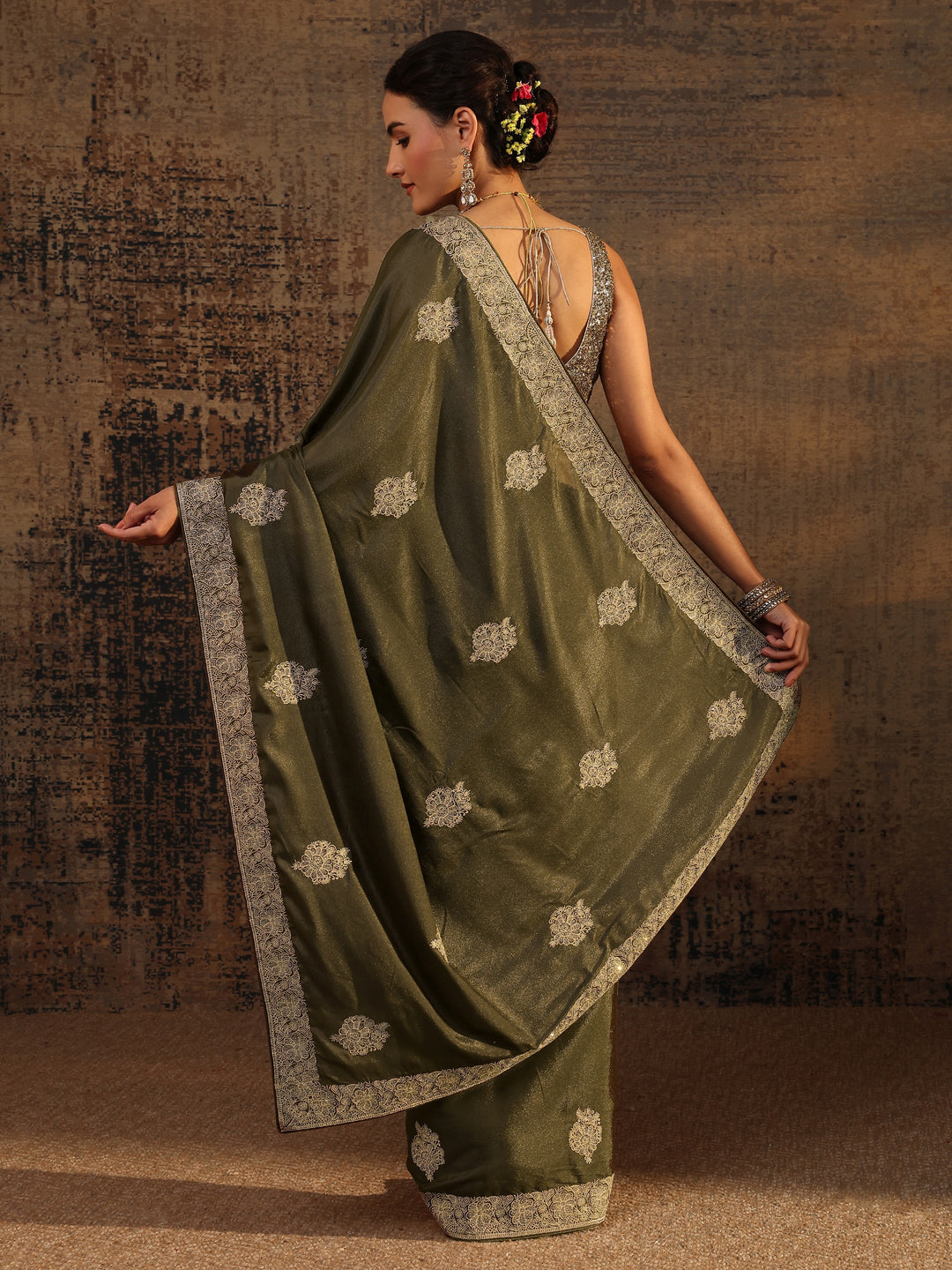  Green Ethnic Motifs Embellished Satin Saree With Unstitched Blouse Piece 