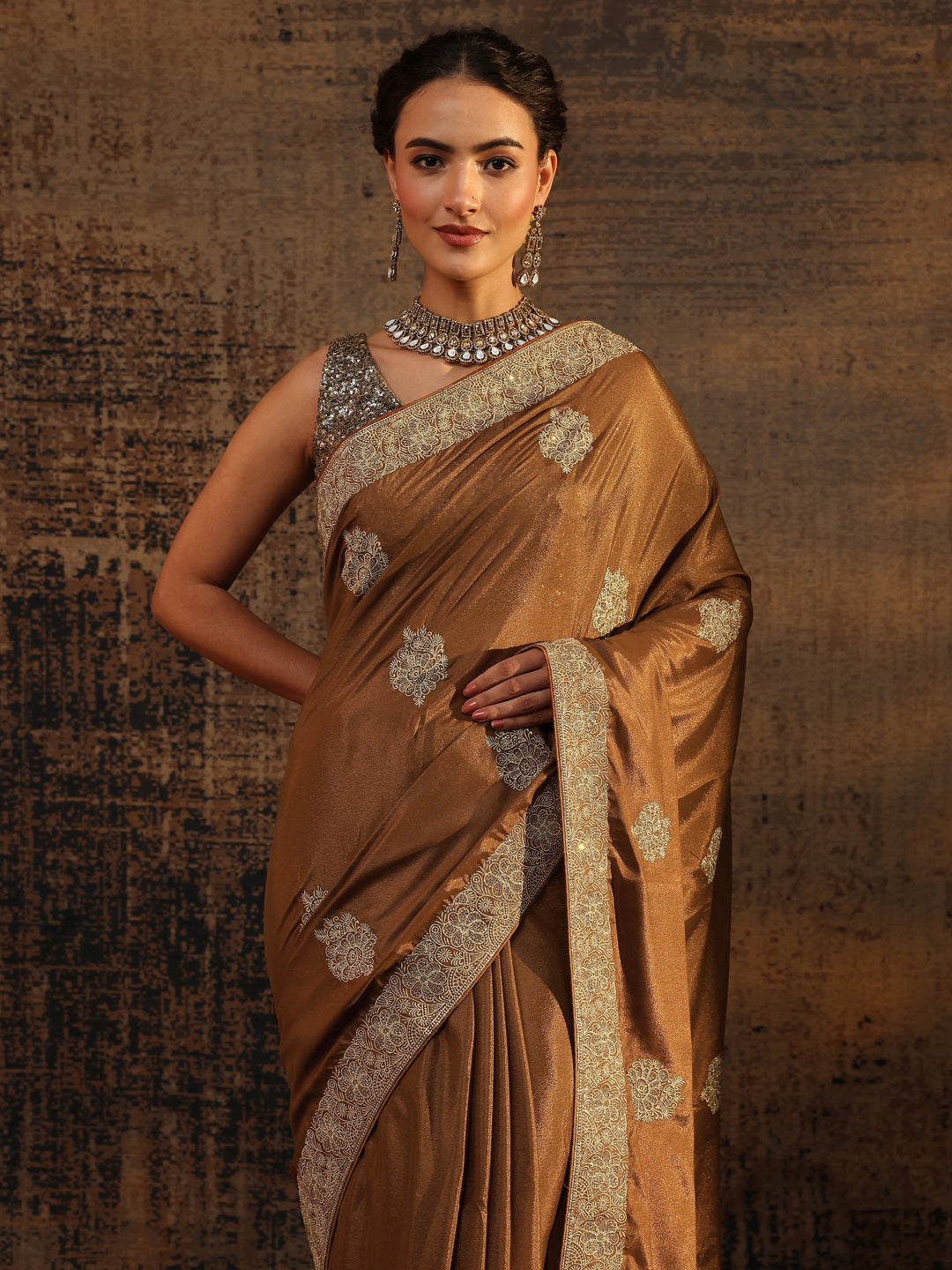  Brown Ethnic Motifs Embellished Satin Saree With Unstitched Blouse Piece 