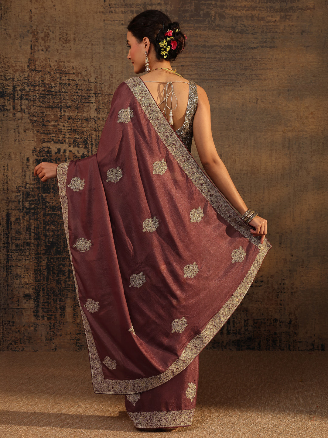  Brown Ethnic Motifs Embellished Satin Saree With Unstitched Blouse Piece 