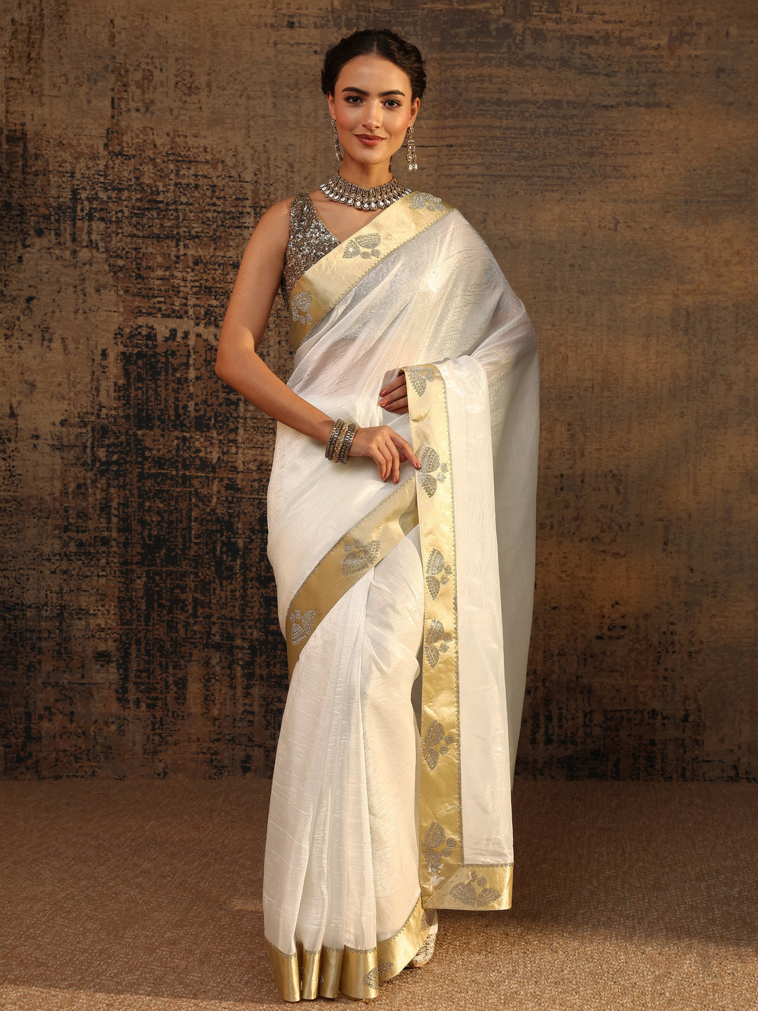 White Solid Tissue Saree With Unstitched Blouse Piece 